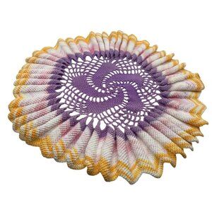Vntg Crochet  Purple Yellow Doily Pleated Ruffled Table Place Mat Trivet Coaster